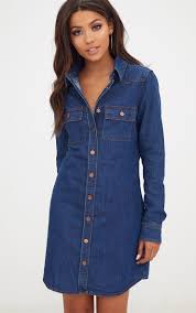 Dark Wash Button Up Denim Shirt Dress In 2020 Denim Shirt Dress Denim Dress Blouse Dress Outfit