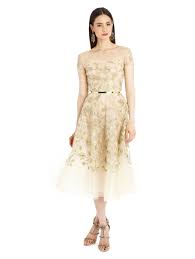 This Is A Short Sleeve Tulle Dress With An Illusion Neckline Gold Belt And A Gold Leaf Pattern Embroidered Tulle Dress Tulle Dress Floral Embroidered Dress
