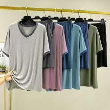 Algodón longiyud de la manga: Fdfklak 4xl 5xl 6xl De Talla Grande 3 Uds Pijama Hombre Manga Corta Con Cuello En V De Camisetas Modal Pijamas De Verano Nuevo Conjunto De Pijamas Pijamas De Hombre