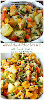 White And Sweet Potato Scramble With Fresh Herbs Recipe Healthy Breakfast Recipes Vegetable Dishes Side Dish Recipes