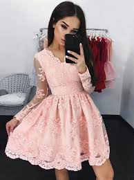 Pink Tulle Cocktail Lace V Neck Long Sleeve Applique Homecoming Dresses Vestidos Bonitos Vestidos 15 Vestidos