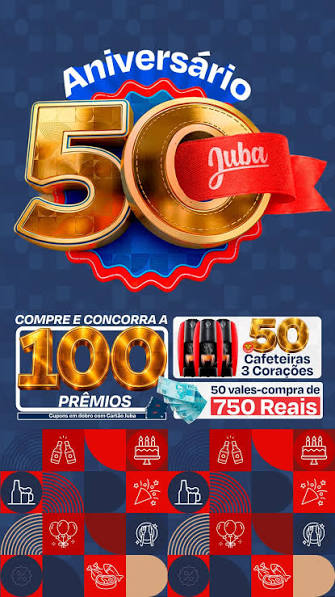 O anivers&aacute;rio de 50 anos do Grupo Juba chegou com uma superpromo&ccedil;&atilde;o para voc&ecirc;! 🎉✨, A cada R$ 100 em compras, voc&ecirc; garante 1 cupom para concorrer a 100 pr&ecirc;mios (sendo 50 vales-compra de R$ 750,00!)., 💳 ...