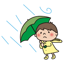 台風の強い雨風に吹かれている子供（男の子）の無料(フリー)イラスト | かわいい手描きの無料素材「てがきっず」保育園・小学校・介護施設にぴったりのフリー 素材イラスト