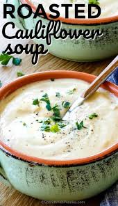 Baked Potato Soup Has All Of The Flavor Of A Loaded Baked Potato In A Soup This Easy Recip Roasted Cauliflower Soup Califlower Recipes Roasted Califlower Soup