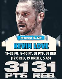 On November 12, 2010, Kevin Love delivered a historic performance for the  Minnesota Timberwolves by scoring 31 points and grabbing 31 rebounds  against the New York Knicks, marking the first NBA 30-30