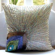 European Pillowcase Ivory Designer 24 X24 Art Silk Toss Pillow Cover Peacock Feather Toss Cushion Birds Art Deco Style Peacock Beauty Diszparnak Parnak Diszparna
