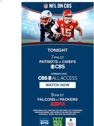 Columbia broadcasting system,cbs sports network. Cbs Sports Stream New England At Kansas City Tonight On Cbs All Access Milled
