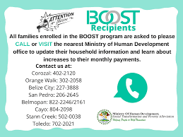 Attention all BOOST families please see flyer with an important notice.  Please note that BOOST and the COVID-19 Food Assistance Programme are two  different programmes. BOOST families were receiving benefits BEFORE  Covid-19.