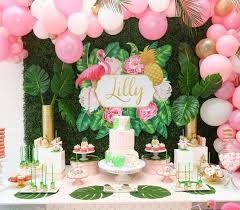 Table Decoration Ideas For Birthday Party At Home A Tropical Flamingo Birthday Party Dessert Table Decorations Kidsbirthdayparty Kidsbirt Summer Party Decorations Summer Birthday Party Flamingo Themed Party