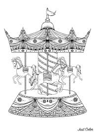 Elegant and detailed, there is enough here to color to satisfy the most creative and. Carousel With Three Horses Horses Adult Coloring Pages