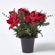 Get real touch artificial flowers and plants from tableclothsfactory.com. Homescapes Faux Red Poinsettia And Red Roses With Gold Glitter Artificial Flowers Grave Pot Memorial Grave Vase Decoration 30 Cm Buy Online In Bahamas At Bahamas Desertcart Com Productid 93901571