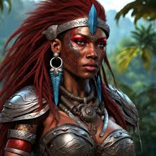 3D ebony female tribal warrior with left blue eye, right brown eye, long  crimson red kinky wavy hair with baby hairs, silver armor, snarling...