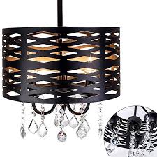 Black Metal And Crystal Chandelier 3 Light Industrial Black Round Metal Shade Crystal Chandelier Ceiling Light Drum Shade Pendant Ceiling Lights Hanging Light Fixtures Chandelier Ceiling Lights