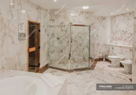 We've been redefining bathrooms for 40 years and have a knowledgeable team. View To Luxury Bathroom Interior With Marble Tiled Walls Contemporary Hygiene Stock Photo 190020336