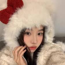 Cute Cat Bow Plush Kitty Hat Balaclava Korean Winter Warm Kawaii Hats for  girls women