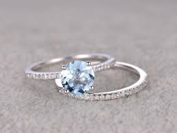 2pcs Round Blue Aquamarine Wedding Ring Set Engagement Ring Diamond Wedding Band Solid 14k White Gold Gemstone Promise Bridal Ring Stacking Aquamarine Wedding Ring Aquamarine Engagement Ring Engagement Ring White Gold