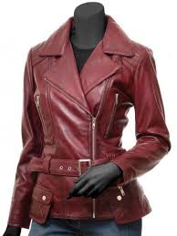Womens Asymmetrical Burgundy Four Pocket Belted Moto Jacket Maroon Leather Jacket Leather Jackets Women Womens Biker Jacket