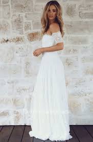 A Line Off The Shoulder Short Sleeves Lace Boho Wedding Dress Wedding Dresses Online Wedding Dress Casual Wedding Dress Beach Wedding Dress Boho