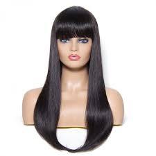 Long black loose wavy synthetic lace wigs full neat bangs heat resistant wig hair replacement natural looking for women daily wear. Long Black Wig With Bangs Human Hair Off 68 Medpharmres Com