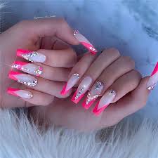 Hot pink coffin nails are bright pink nails are always pretty to look at plus the pink color so beautiful. 20 Stunning Long Coffin Nails With Rhinestones You Must Love Women Fashion Lifestyle Blog Shinecoco Com