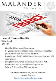 Hiring Head Of Finance Namibia Job Long Term Insurance Finance