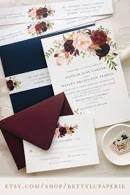 Navy Burgundy Floral Wedding Invitation Bohemian Fall Wedding Fall Wedding Invitations Navy Wedding Invitations Floral Wedding Invitations