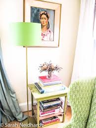 Corner Of Living Room Vintage Frida Kahlo Portrait Ikea Gold Lamp Base With Green Linen Shade From Anthropologie Vintage Green Table Blue Green Curtains Fro