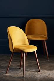 Opulent Velvet Ochre Set Of 2 Zola Dining Chairs With Walnut Effect Legs Yellow Dining Chairs Dining Chairs Retro Dining Chairs