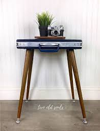 Mid Century Modern Vintage Samsonite Briefcase Upcycled Into Stunning End Table Navy Blue With Silver Vintage Briefcase Vintage Dressing Tables Diy Boho Decor