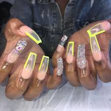 Ombre Black And Clear Nails Sheri Pie Nailz On Instagram Ombre Clear Set With Neon Trim X Swarovski Crystals From Bluestreakcrystals Swipe Left Swag Nails Nails Long Acrylic Nails