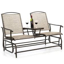 2 Person Outdoor Mesh Double Glider W Tempered Glass Attached Table In 2020 Outdoor Glider Patio Chairs Furniture Gliders