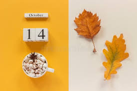  Autumn Composition Wooden Calendar October 14 Cup Of Cocoa With Marshmallows A Aff October Cup Ca Wooden Calendar Beige Background Pink Sticky Notes