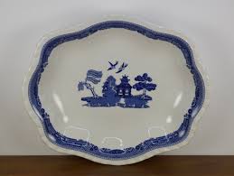 Johnson Bros WILLOW BLUE 11 Scalloped Serving Bowl, Shallow Bowl, White  With Blue Band House Scene Birds Trees, Used