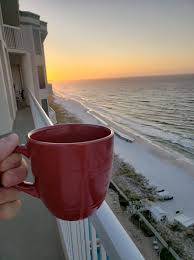 Morning coffee on patio with sunrise view