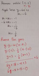 Persamaan Garis Yang Melalui Titik 3 3 Dan Tegak Lurus Garis Y 6 2 Brainly Co Id
