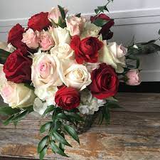 Crimson red and light blue wedding bouquets. Crimson Red And White And Blush Bouquet With Greenery White Rose Bouquet Wedding Bouquets Blush Bouquet