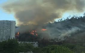 Imagen del incendio que afecta este sábado las dependencias del hospital san borja arriarán en santiago de chile, chile. Incendio Forestal Avanza En Pleno Centro De Santiago De Chile