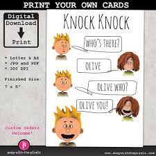 Knock Knock Olive You Joke Greeting Card For Kids Instant Download Printable Pdf Jpg Birthday Card I Printable Greeting Cards Funny Cards Knock Knock Jokes