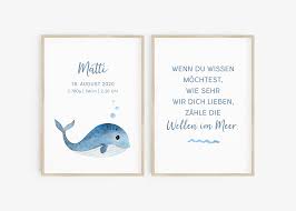 Set Of 2 Birth Posters Sea And Small Whale Personalized 2nd Birth Baby Posters Fine Art Prints