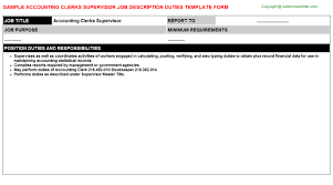 If you are a job seeker looking for a finance manager position, use our sample job description below to see what job skills and experiences employers are seeking. Accounting Clerks Supervisor Career Templates Examples