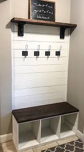 But our keys are always getting lost! Handbuilt Farmhouse Hall Tree In Entry Way Oversized Rustic Style Hooks Kona Stained Bench And Shelf Diy Entryway Bench Living Room Remodel Room Remodeling