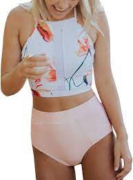 Amazon Com Bikini Factory Women S High Neck Crop Top Bikini Set High Waisted Swimsuit Bath Swimsuits High Waisted Crop Top Bathing Suit High Neck Swimsuit Top