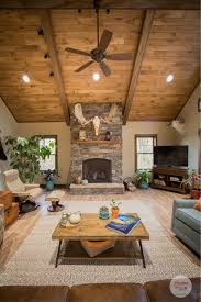 Rustic Living Room With Wood Vaulted Ceiling And Stone Fireplace Ge In 2020 Vaulted Ceiling Living Room Open Concept Kitchen Living Room Cathedral Ceiling Living Room