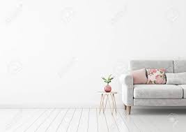 A white sofa or fabrics with white backgrounds solve many dilemmas. Interior Wall Mock Up With Gray Sofa Pink Pillows And Plant In Vase In Living Room With Empty White Wall 3d Rendering Stock Photo Picture And Royalty Free Image Image 143328135
