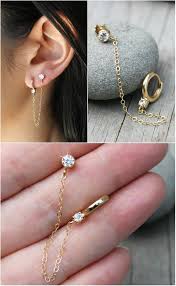 Dainty Set Of Two Connected Earring A Section Of 14k Gold Filled Chain Connects The Mini Huggie Hoop Earring To The Cz Ear Jewelry Earrings Earings Piercings