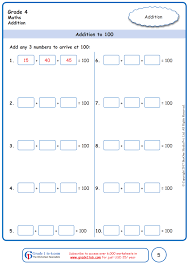 The initial focus is on numbers and counting followed by arithmetic and concepts related to fractions, time, money, measurement and geometry. Addition Worksheet Number Bonds To 100 Www Grade1to6 Com