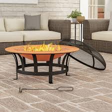 Light grey rectangle outdoor concrete fire table. Pure Garden 30 Outdoor Deep Fire Pit Round Large Copper Colored Steel Bowl Mesh Spark Screen Log Poker Grilling Grate Copper And Black M150396 Best Buy