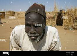 Old Sudanese man in refugee camp in Chad where he built a small and simpel  hut from grass Stock Photo