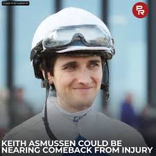 Jockey Keith Asmussen, who was sidelined with a fractured pelvis in early  November following a spill at Churchill Downs has been cleared to ride but  said there is no set timetable for
