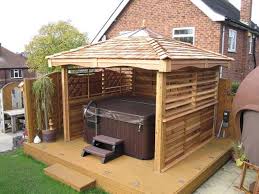 This can be solved with a hot tub enclosure. Square Cedar Gazebos Hot Tub Garden Rooms Hot Tub Gazebo Hot Tub Patio Hot Tub Garden